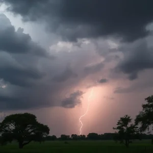 Severe thunderstorm clouds with lightning over a rural area