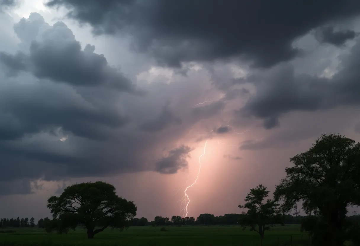 Severe thunderstorm clouds with lightning over a rural area