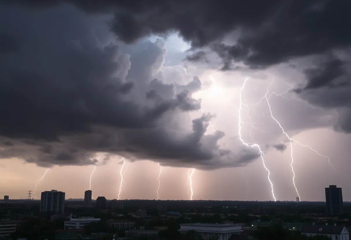 Dark storm clouds over Charleston with lightning