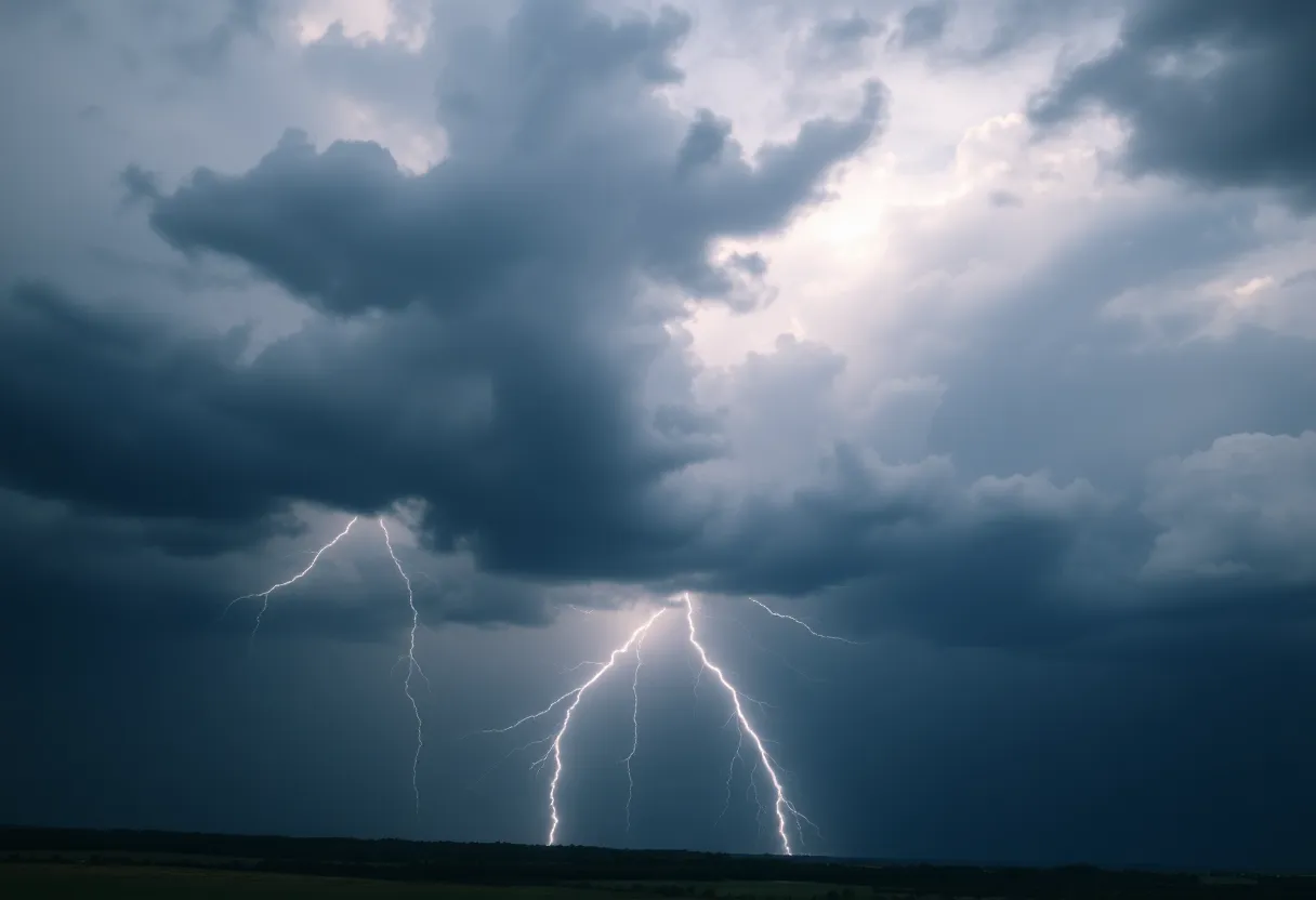 Dark storm clouds with lightning illuminating the sky