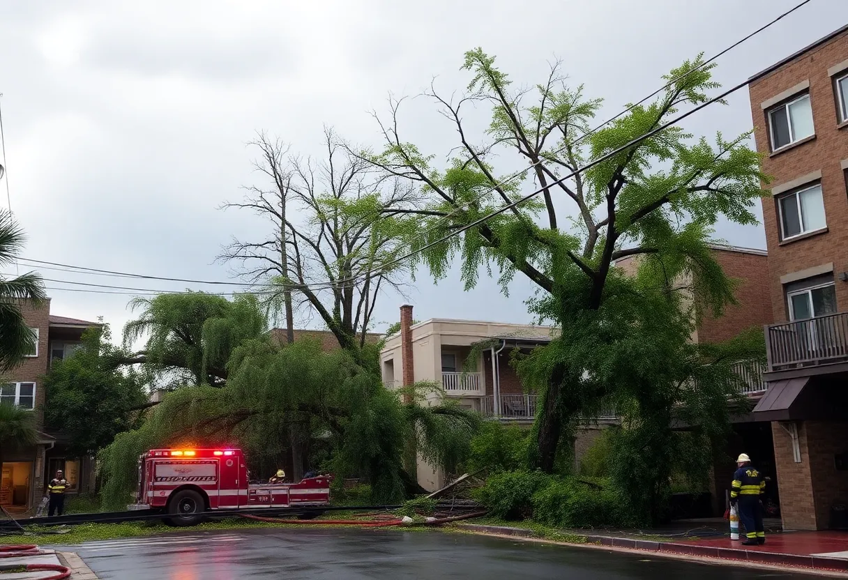 Urban area in St. Louis devastated by severe thunderstorms with debris and emergency personnel.