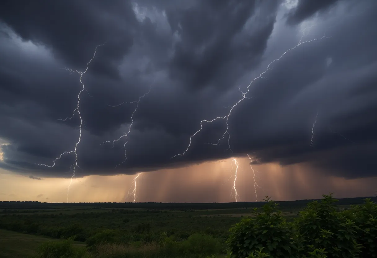 Severe thunderstorm with dark clouds and lightning over Jasper County