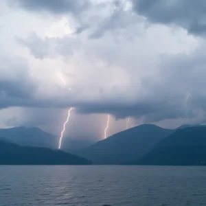 Thunderstorm clouds with lightning over mountains and a lake