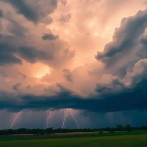 Dark thunderstorm clouds with lightning
