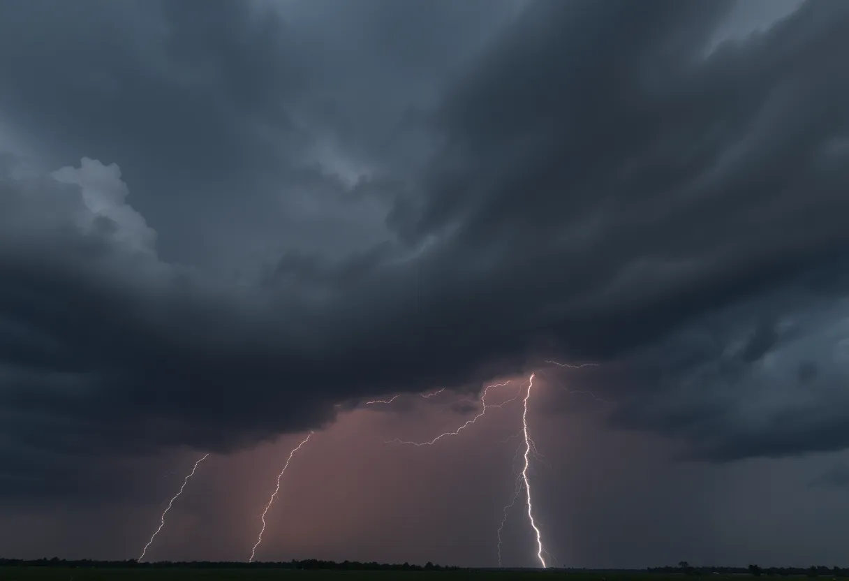 Dark storm clouds and lightning over South Carolina and Georgia