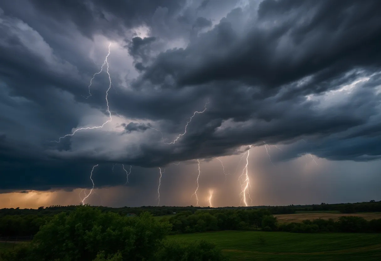 Dramatic storm clouds and flashes of lightning illustrating a thunderstorm.