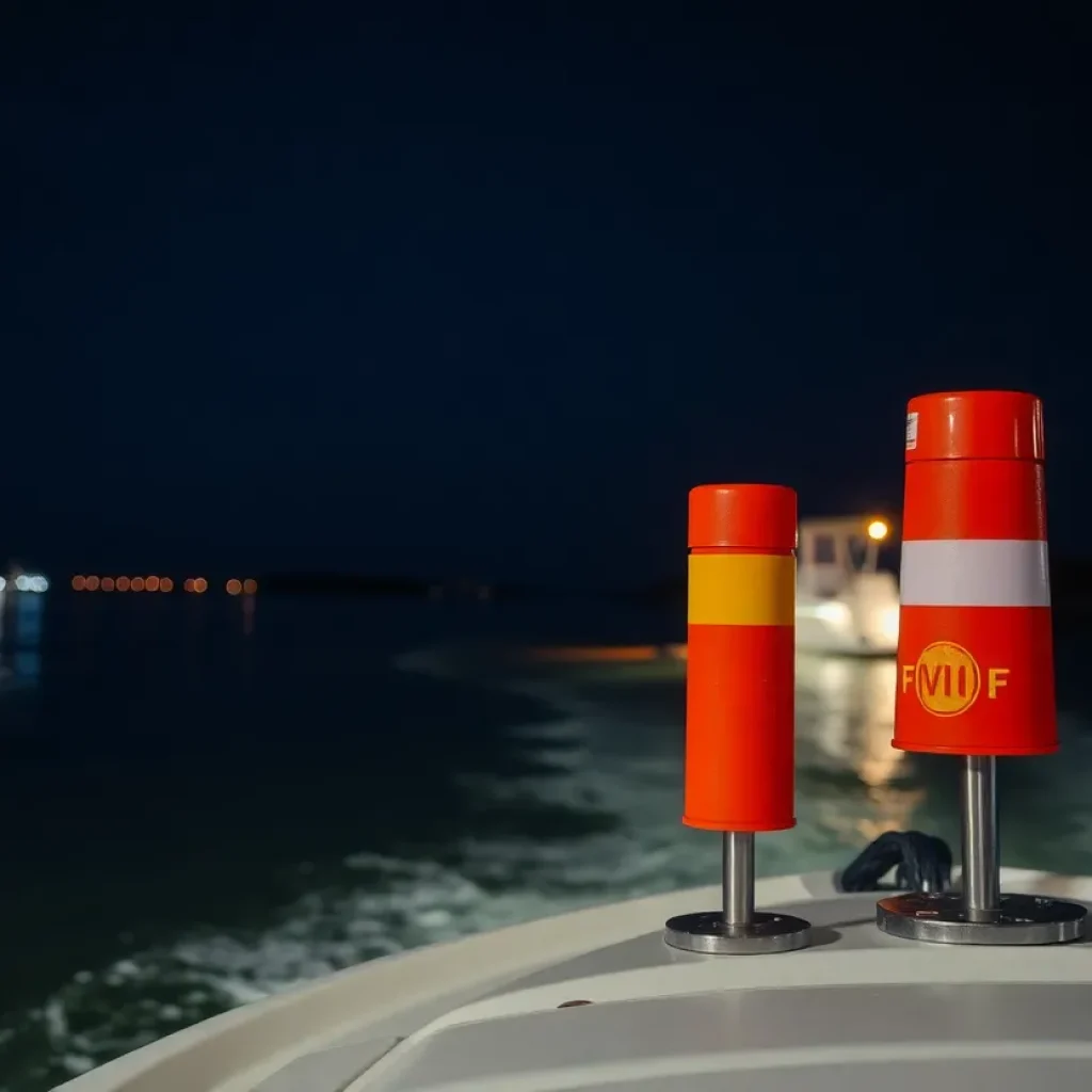 Nighttime view of Skull Creek with boating safety markers