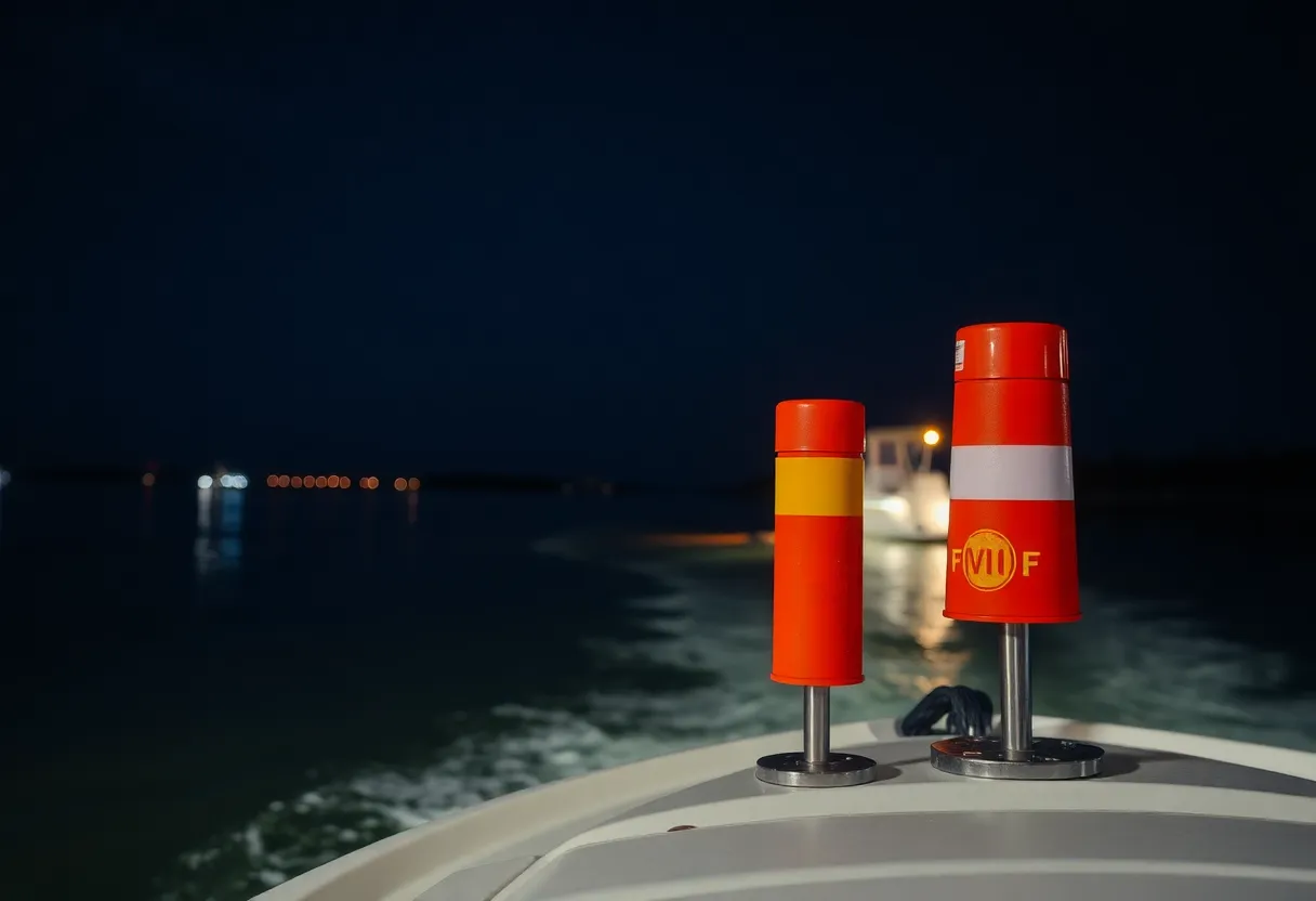 Nighttime view of Skull Creek with boating safety markers