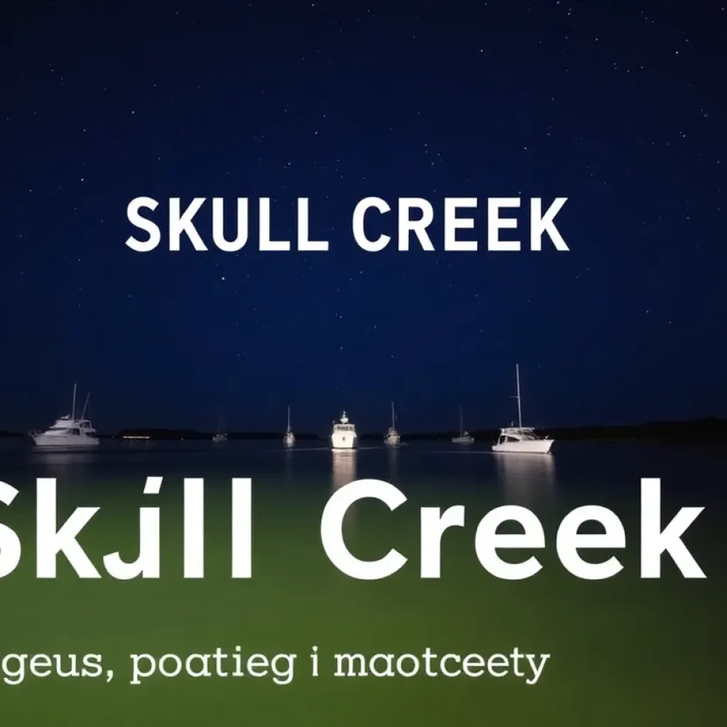 A peaceful view of Skull Creek at night with boats.
