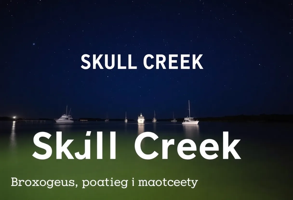 A peaceful view of Skull Creek at night with boats.