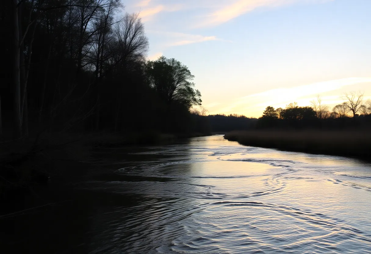 Serene view of Skull Creek with a sunset sky