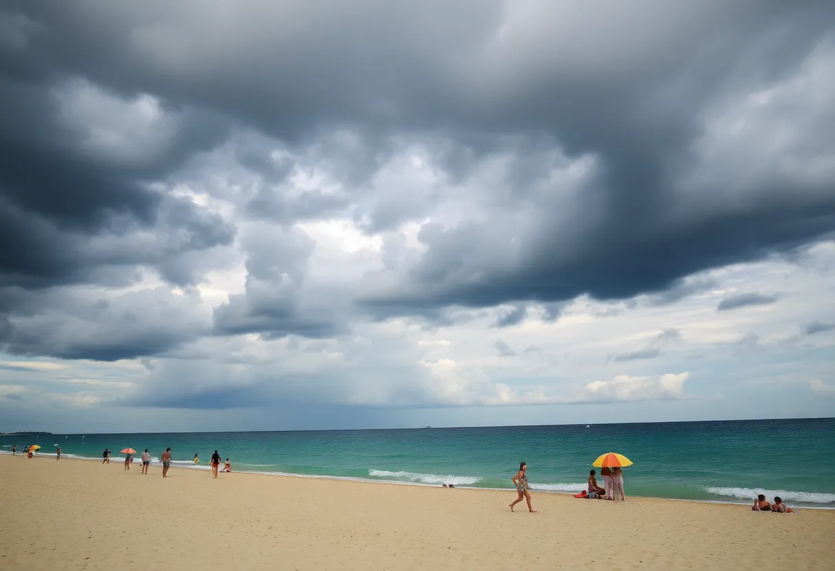 Beach scene depicting rain clouds over South Carolina on Independence Day weekend.