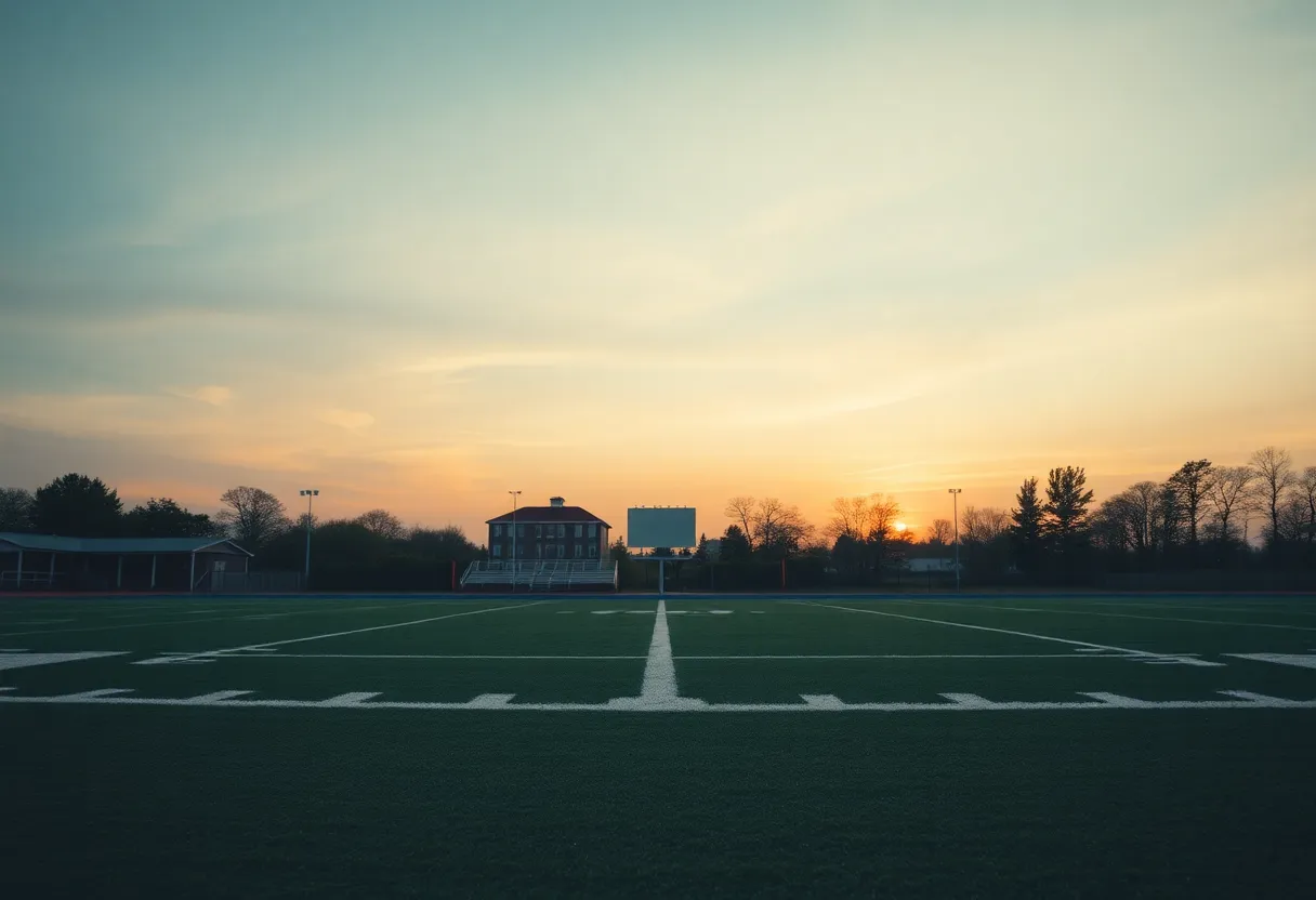 A sunset over a high school sports field