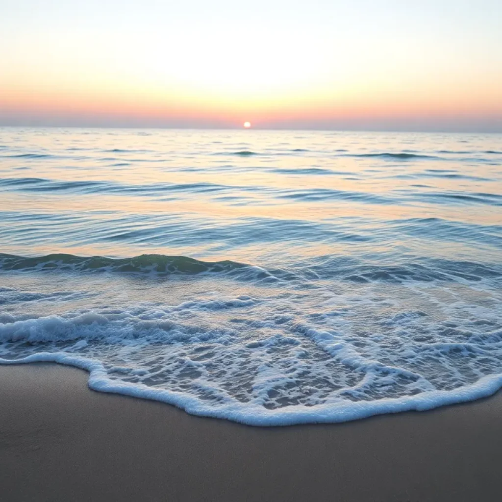A tranquil beach at sunset with soft waves illustrating water safety.