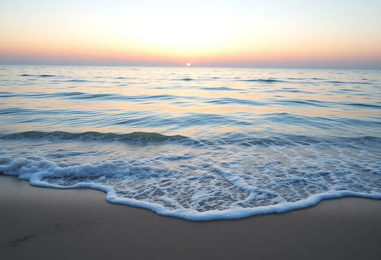 A tranquil beach at sunset with soft waves illustrating water safety.