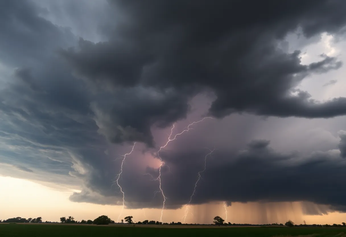 Dramatic thunderstorm clouds above a rural landscape.
