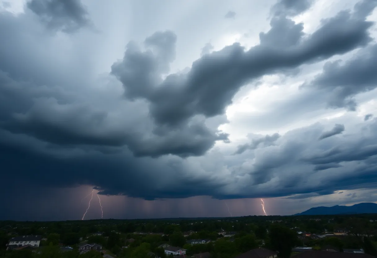 Dark storm clouds with flashes of lightning over Laurens County