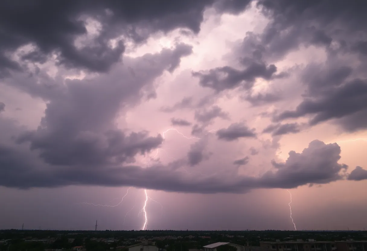 Dramatic thunderstorm clouds with lightning over a city landscape
