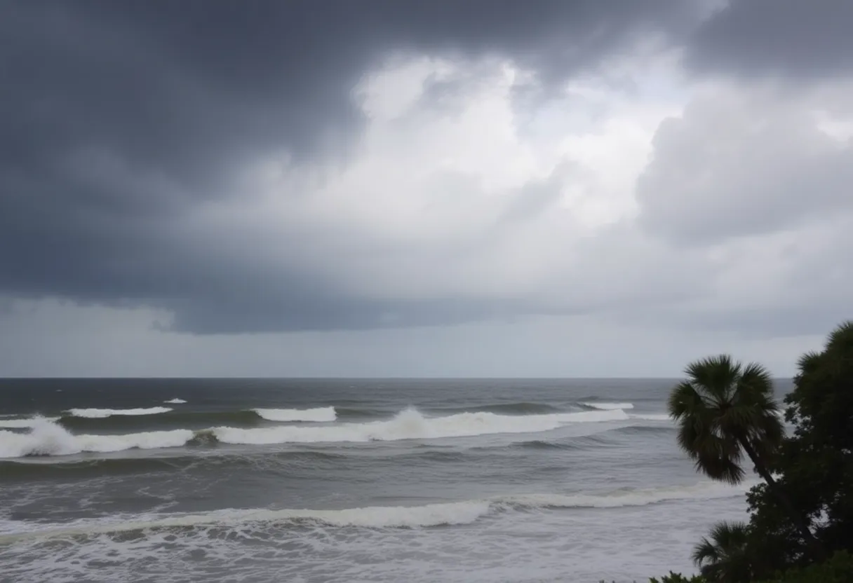 Coastal view of Charleston as Tropical Depression Three approaches with threatening clouds and strong winds.