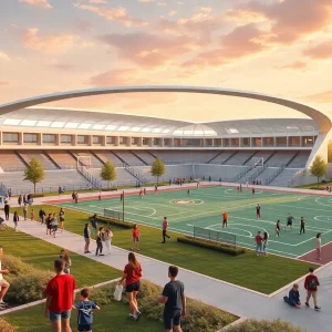 Rendering of the USCB Sand Shark Project showcasing new athletic facilities and landscaping.