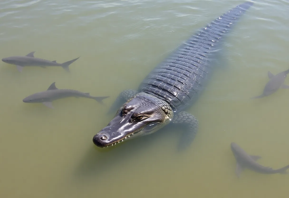 An alligator and sharks swimming together in Skull Creek, Hilton Head.