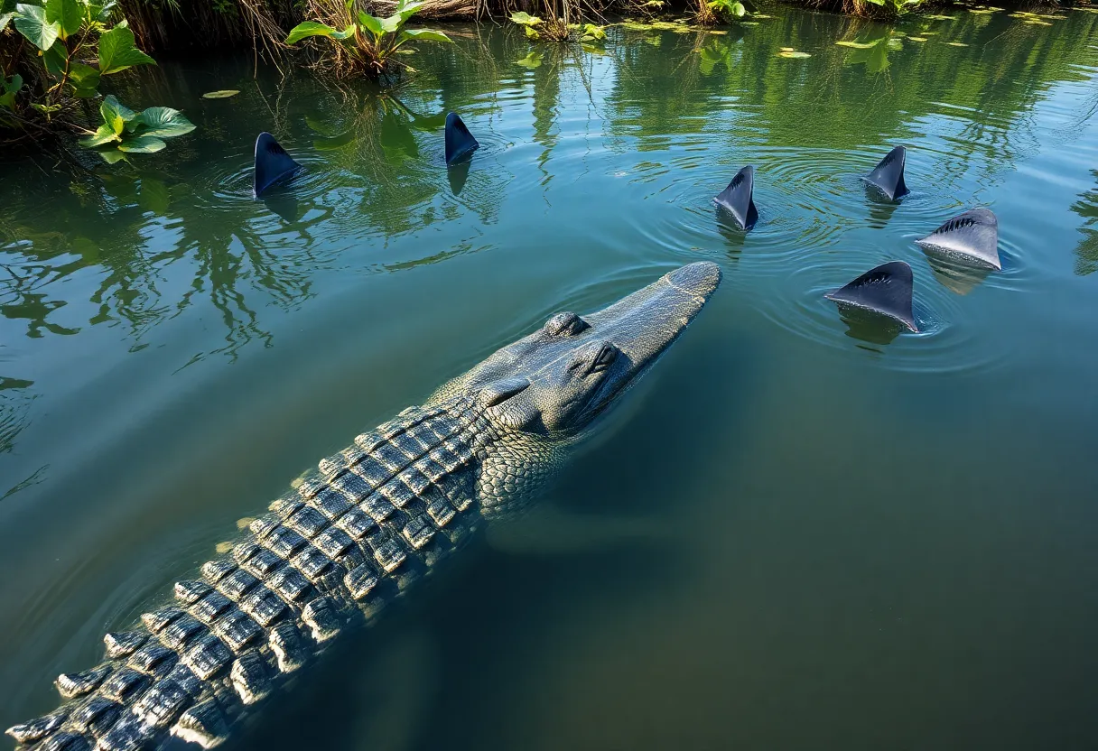 Alligator swimming next to sharks in Hilton Head waterway