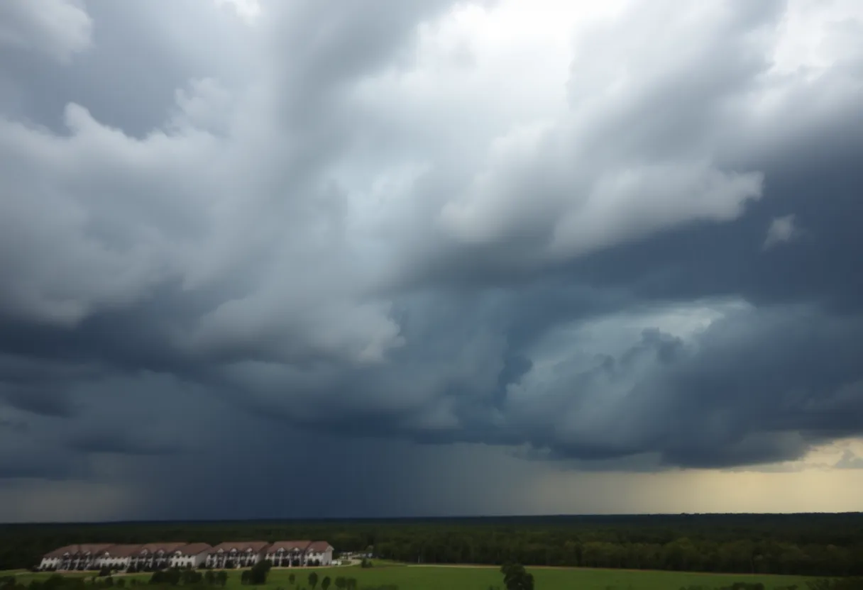 Dark storm clouds over Beaufort County with rain falling