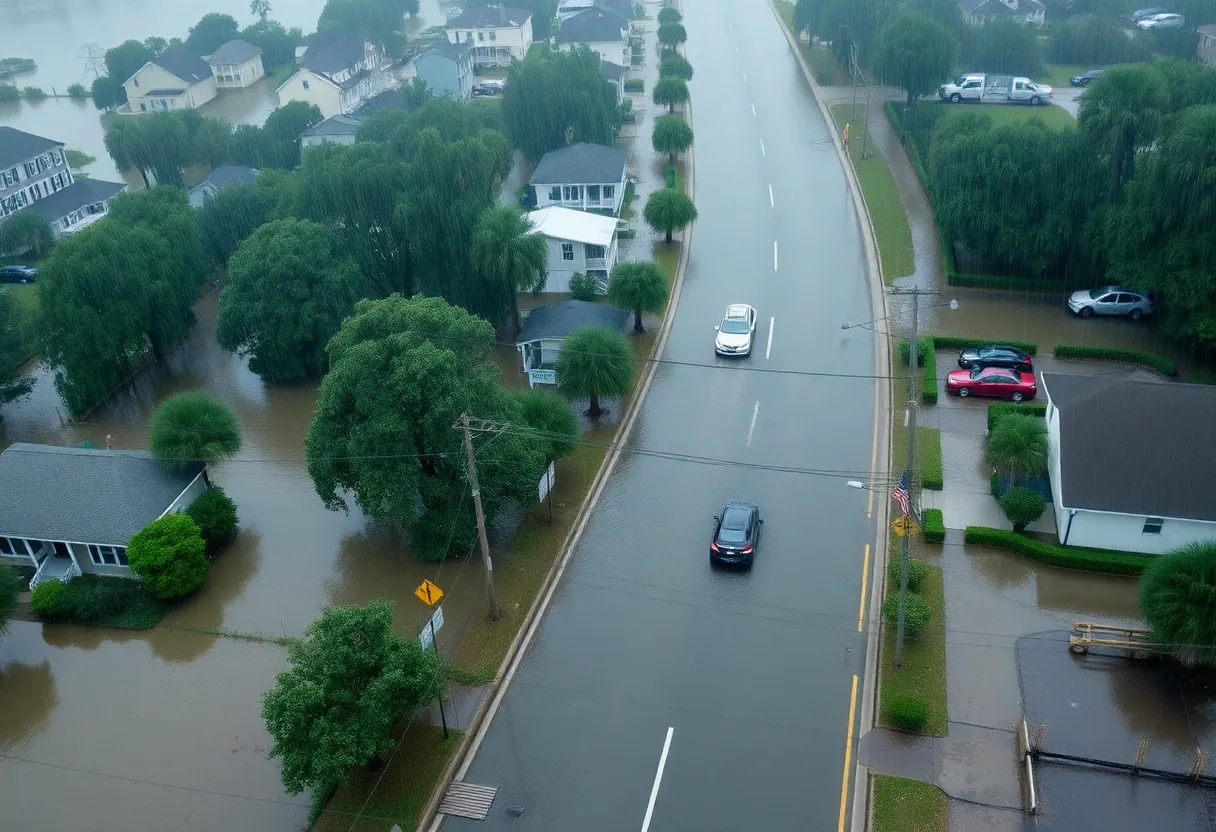 Aerial view of flooded streets in Charleston, SC during heavy rainfall.