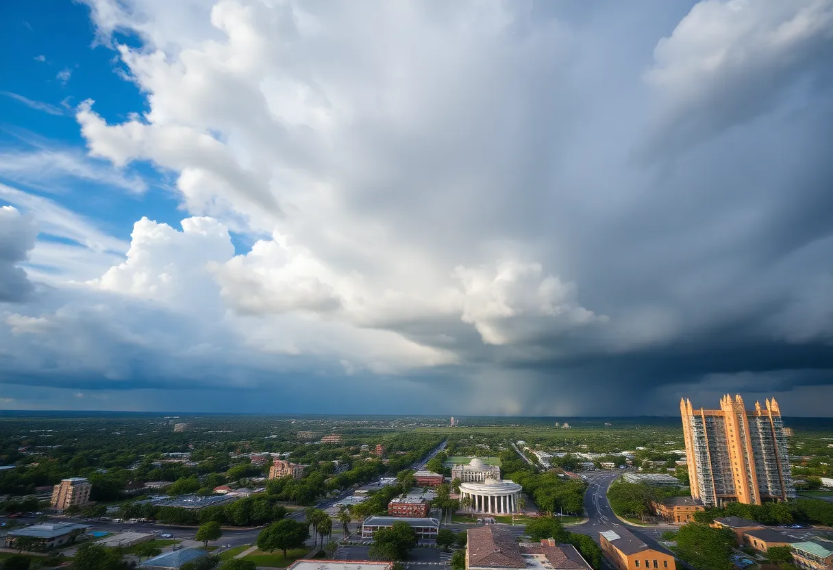 View of Charleston SC with storm clouds, showcasing urban landscape and drainage systems.