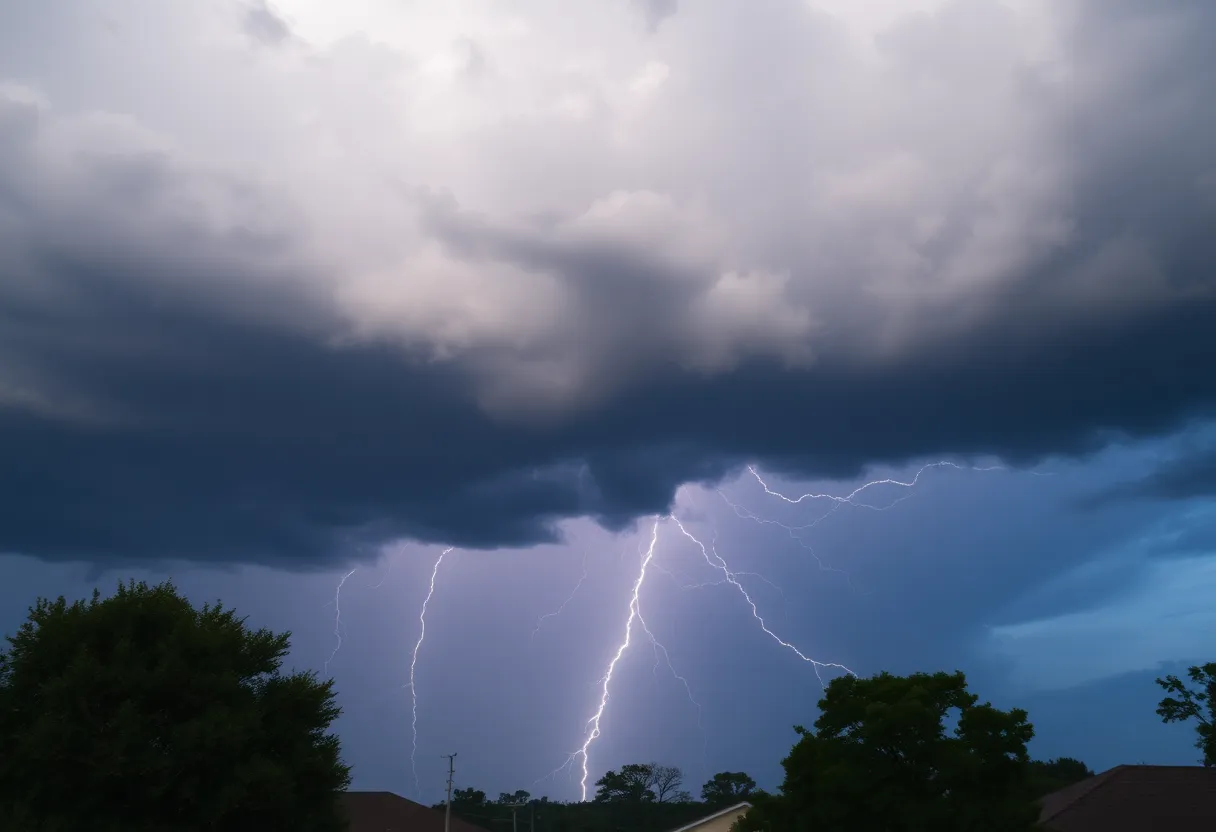 Thunderstorm clouds over Charleston with visible lightning.