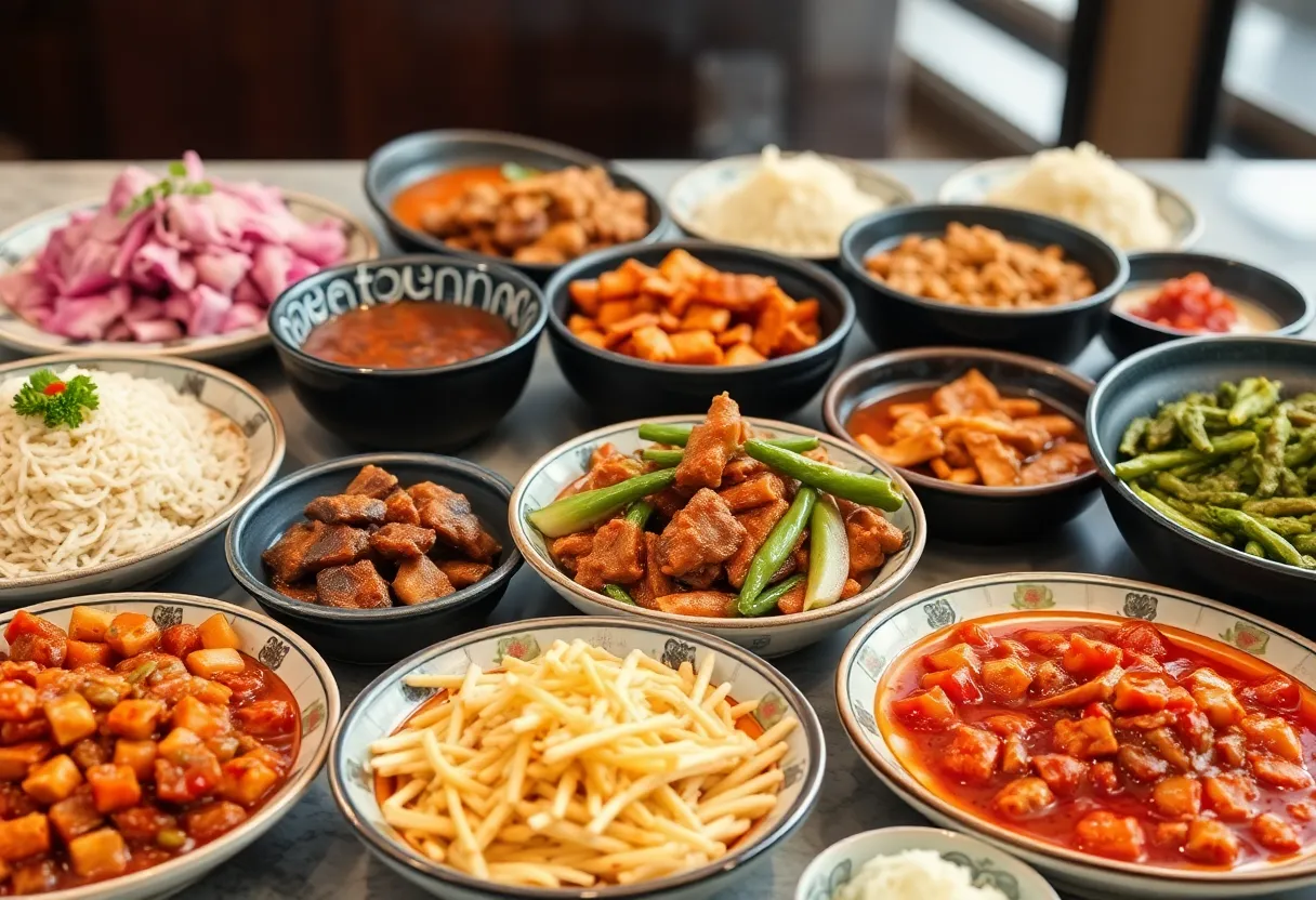 Traditional Chinese dishes showcasing flavors from Sichuan and Canton on a dining table