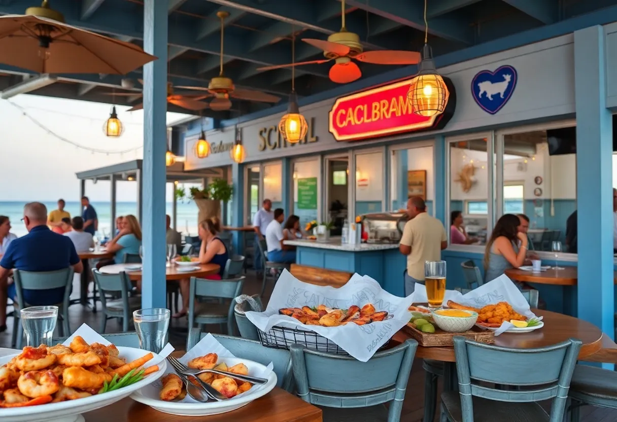 A table filled with seafood dishes at a coastal restaurant in South Carolina