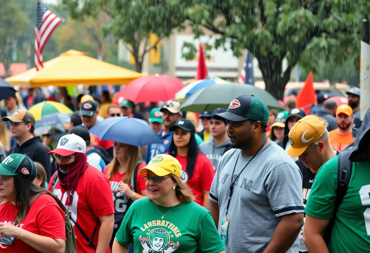 Crowd at sports events in Columbia SC with rainy weather