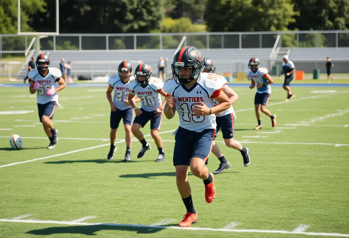 High school football players practicing on the field