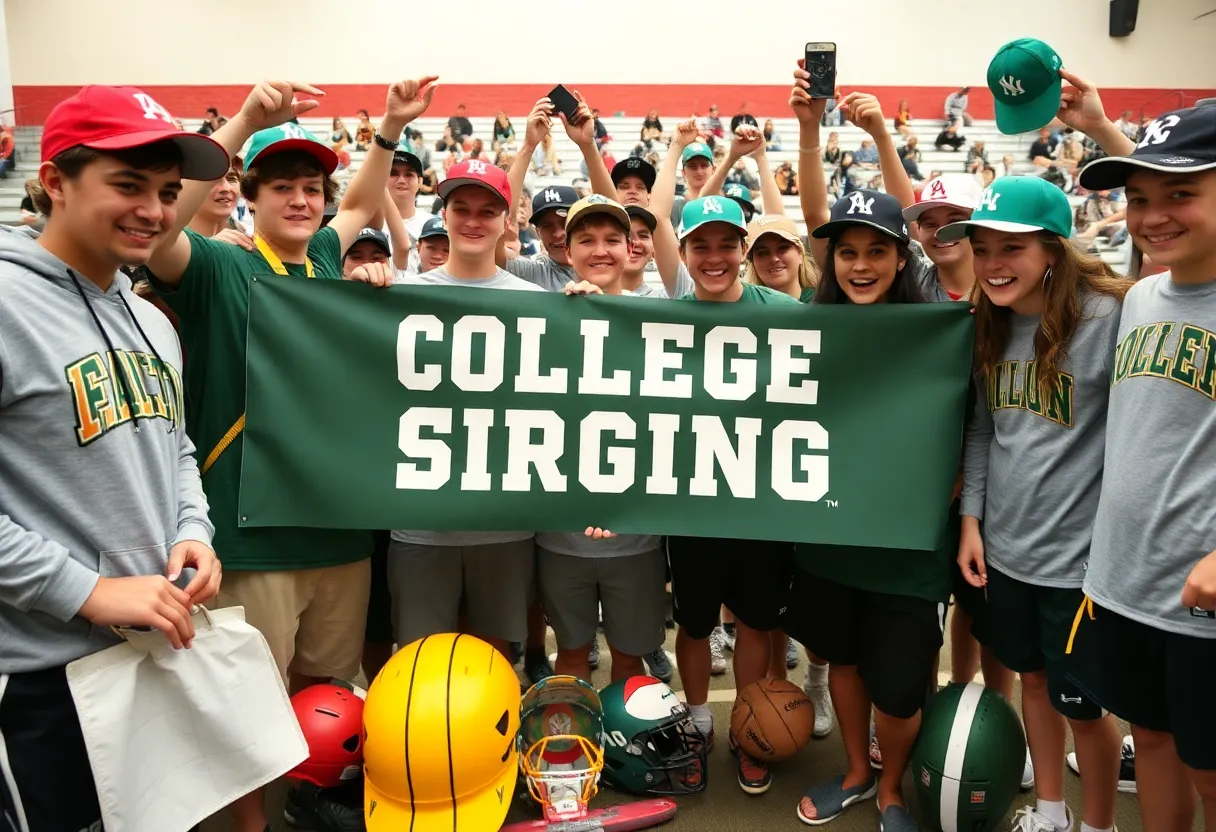 Group of high school athletes celebrating National Signing Day
