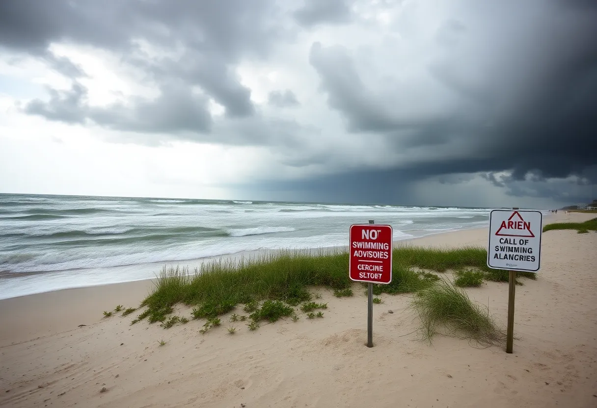 Beach on Hilton Head Island with no swimming advisory signs due to Hurricane Erin