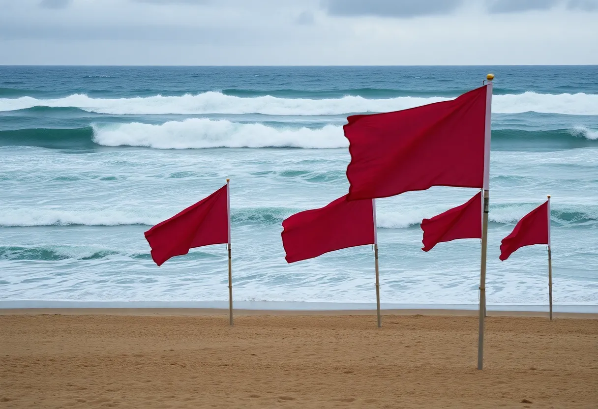 High surf and red flags at Hilton Head Island beach warning about rip currents