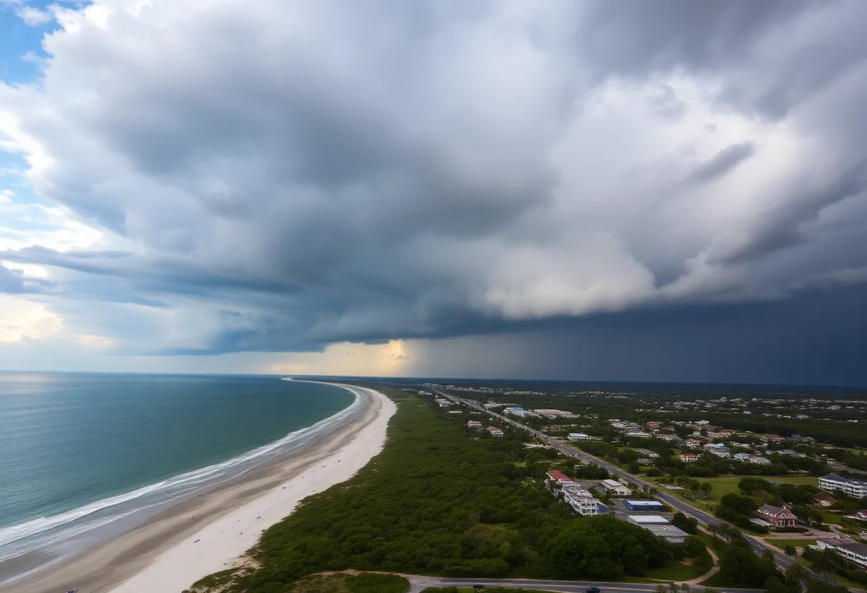 Storm clouds over Hilton Head Island beach warning of hurricane season.