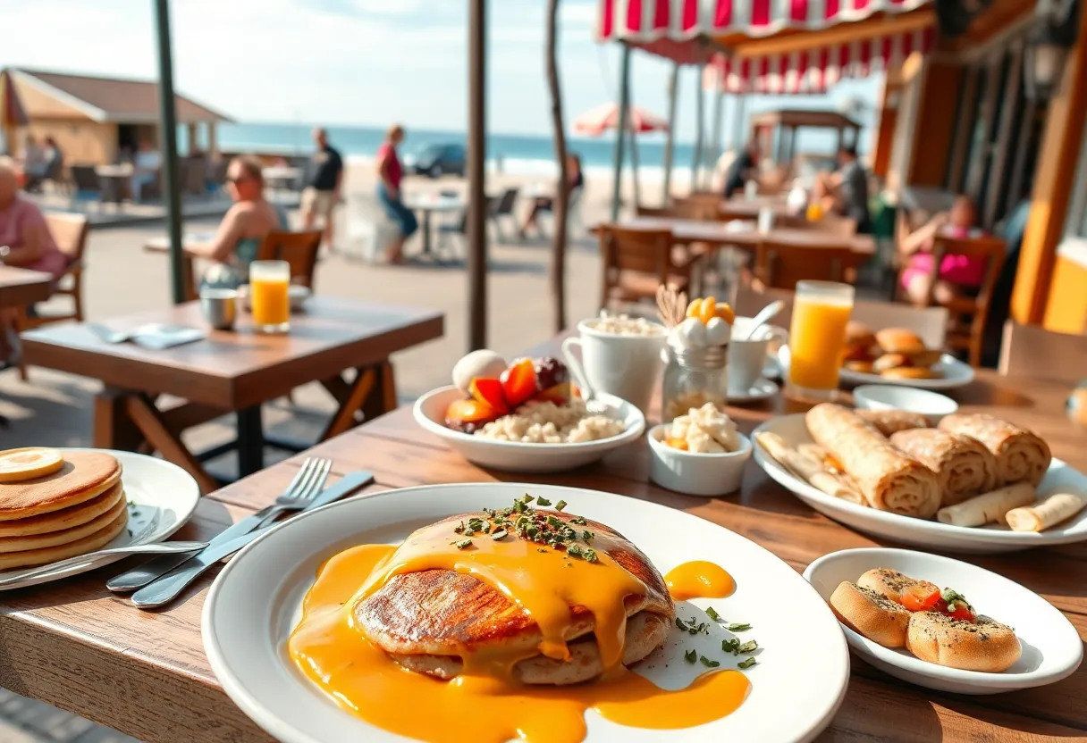 A variety of breakfast dishes served on tables in a beach town setting