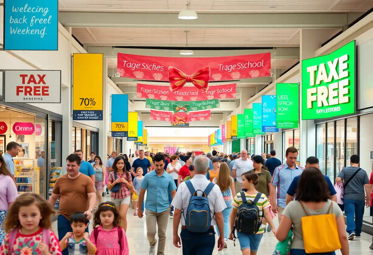 Families shopping at Hilton Head Tanger Outlets during Tax-Free Weekend