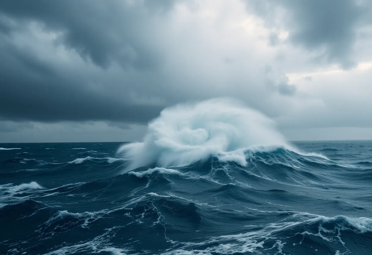 Swirling clouds and rough seas from Hurricane Erin approaching the Carolina coastline.