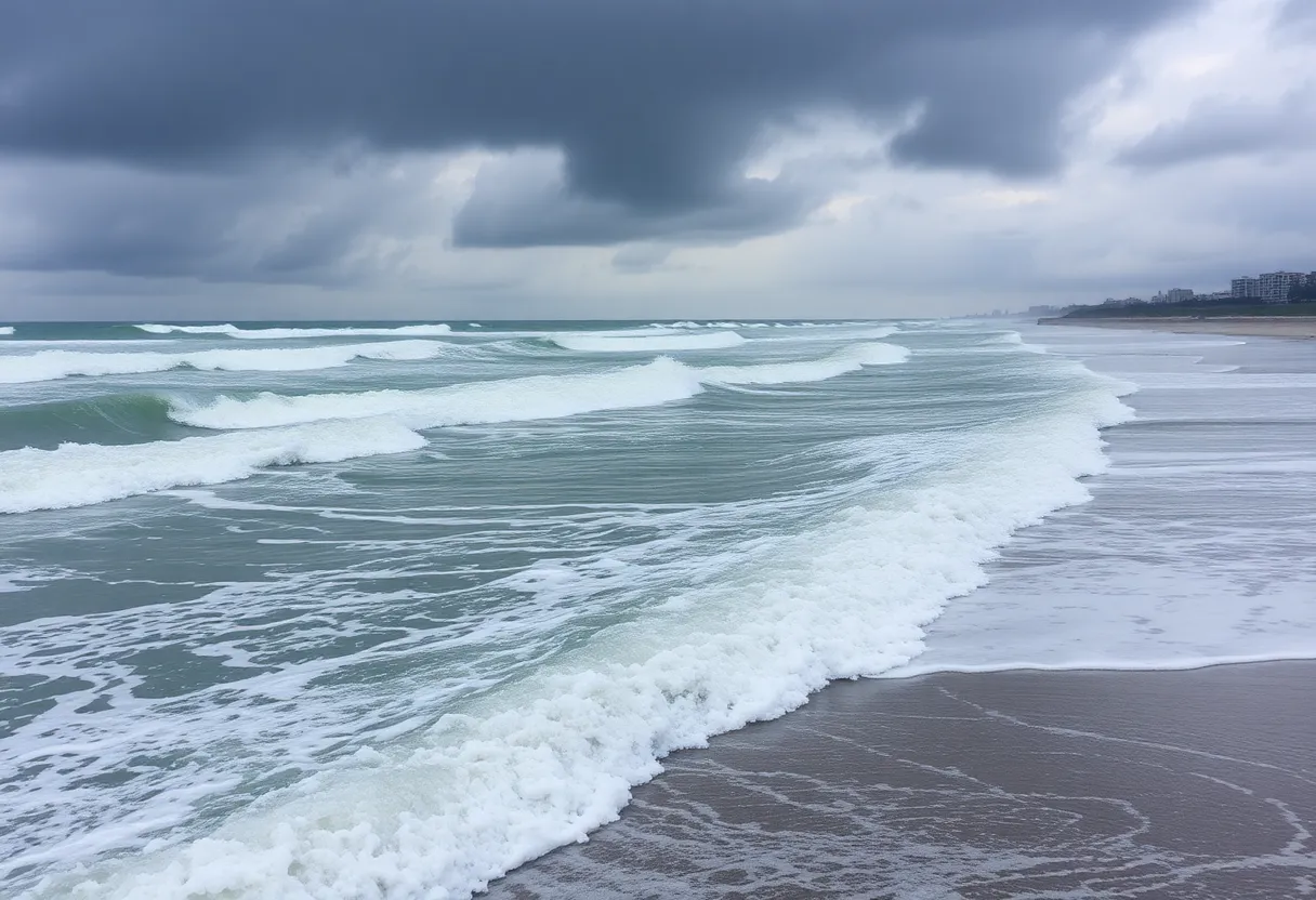 High surf and stormy weather conditions caused by Hurricane Erin near a beach