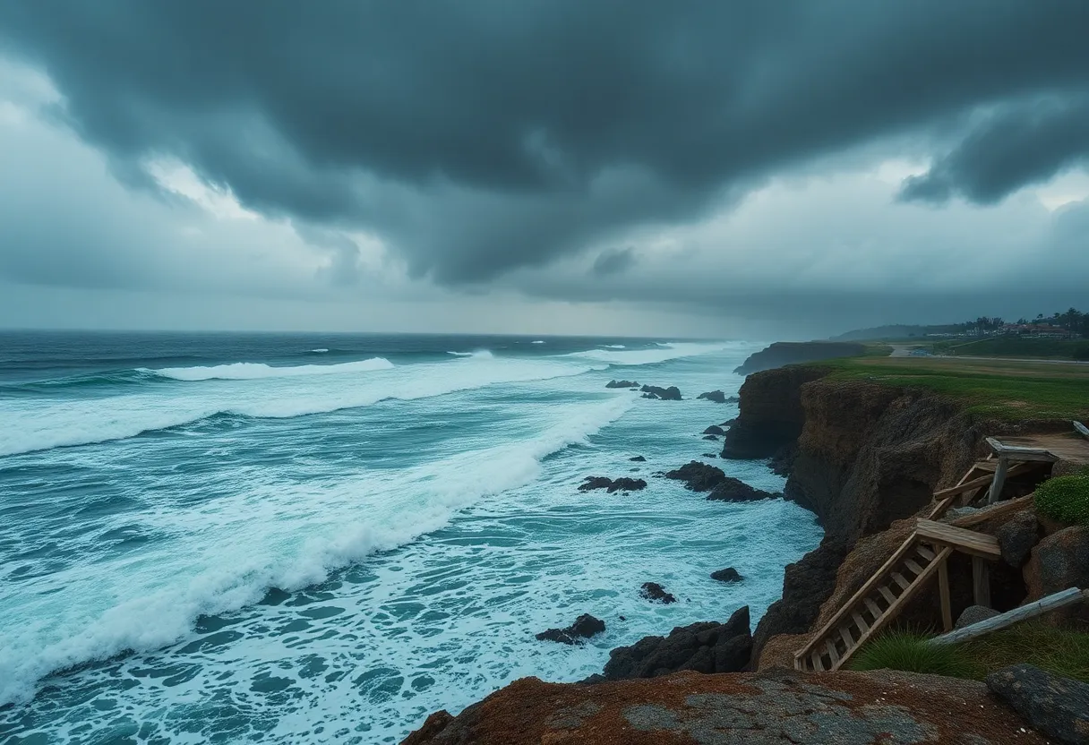 Stormy ocean waves crashing on the beach as Hurricane Erin approaches.