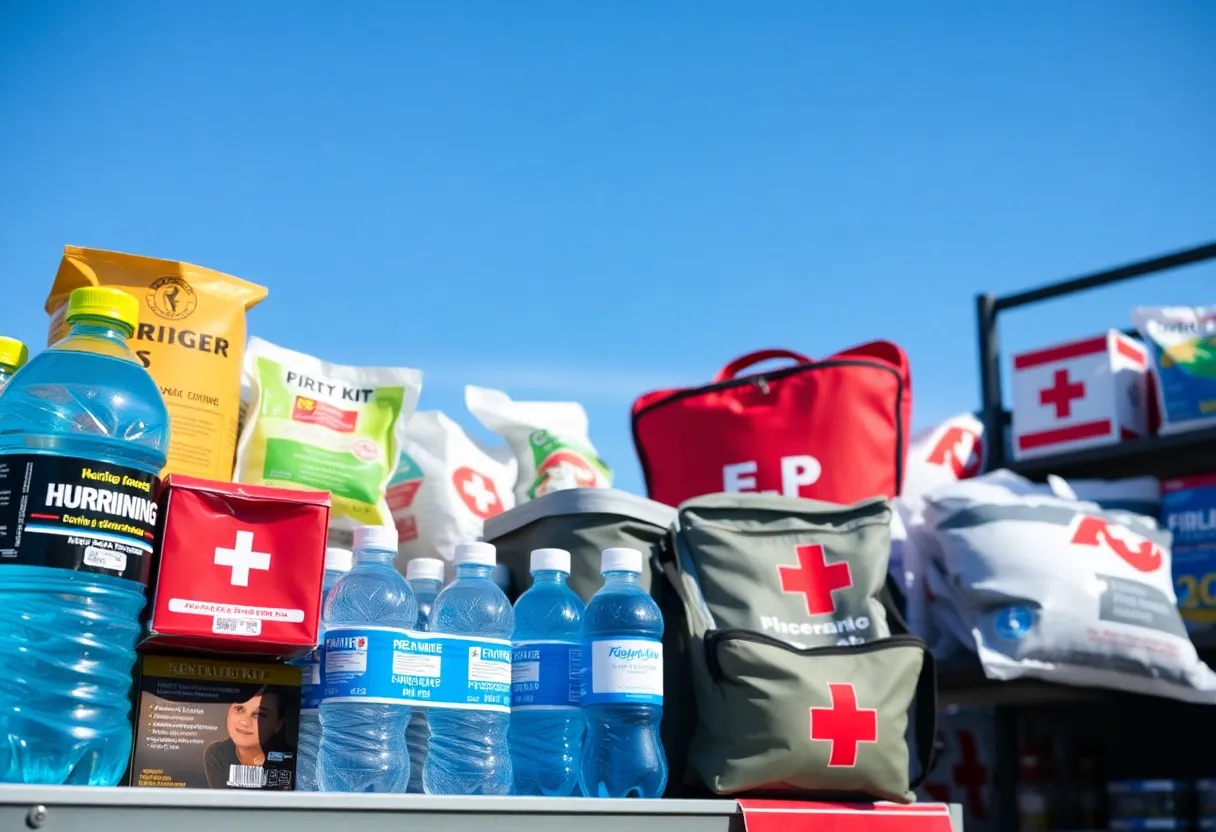 Bottled water and first-aid kits for hurricane preparedness