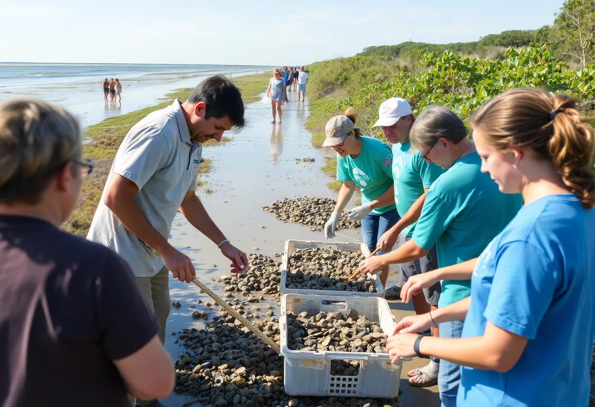 Volunteers participating in oyster reef restoration along the coastline of Beaufort, South Carolina
