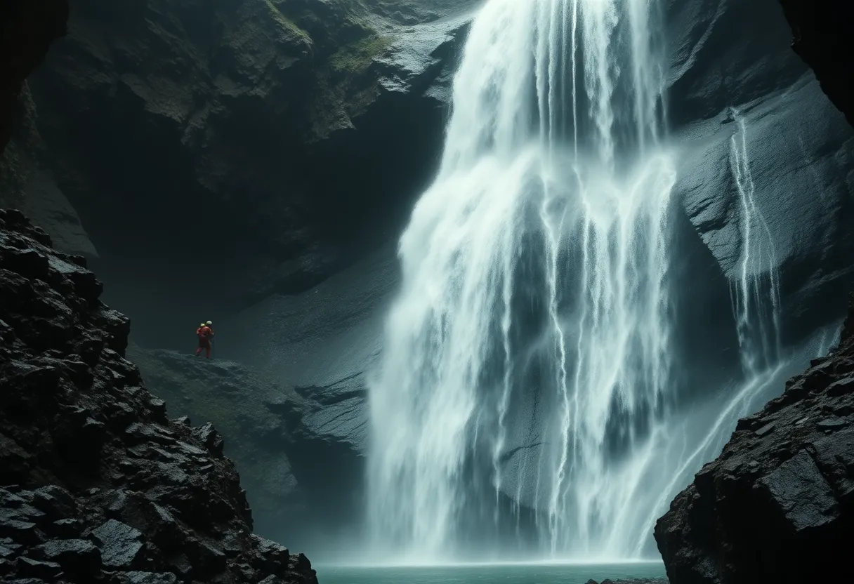 Rescue teams conducting an operation near a waterfall in California