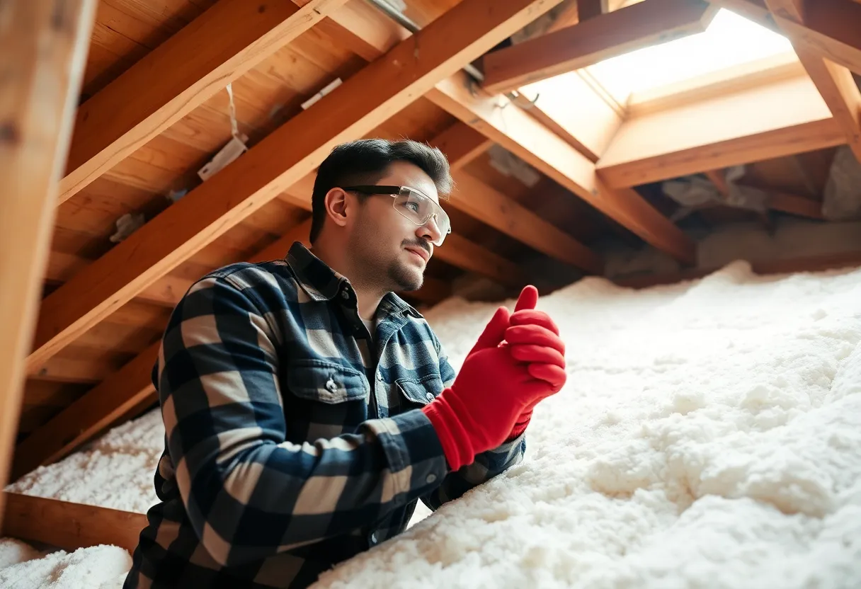 Person wearing protective gear installing roof insulation