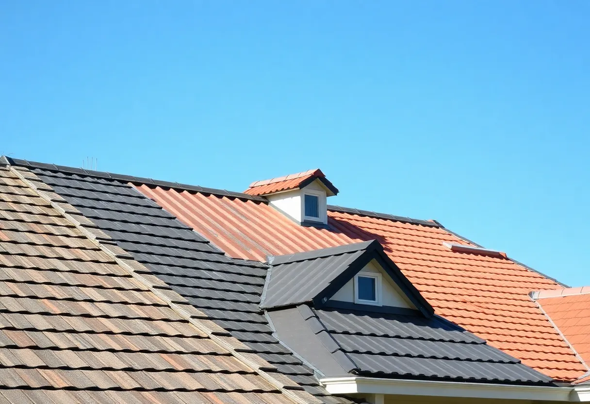 Various roofing techniques including asphalt shingles, metal roofing, and tile roofing on a house.