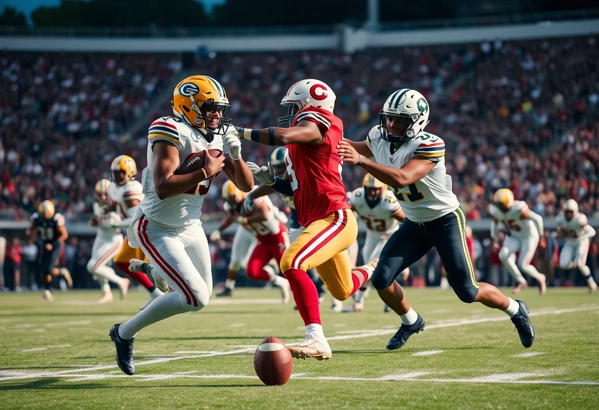 Football players competing in a game between the Seahawks and Stall Warriors