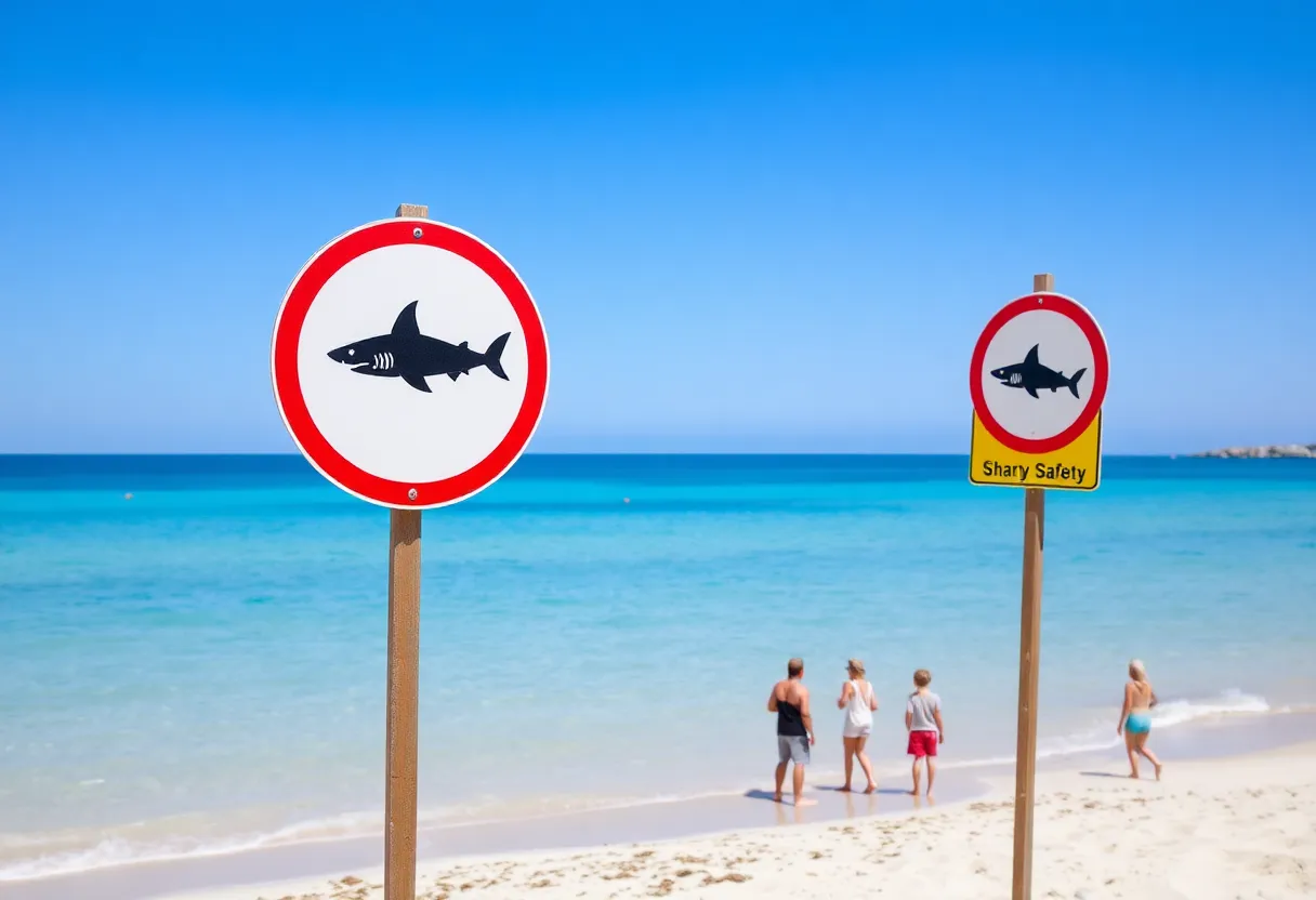 Beach scene with safety warning signs about sharks